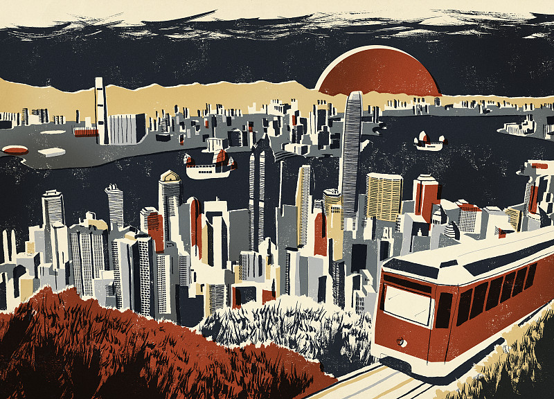 维多利亚港和香港摩天大楼的插图图片素材