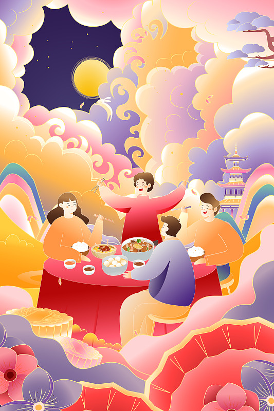 卡通中秋节家人吃饭聚餐美食月饼传统节日月中国风矢量插画下载