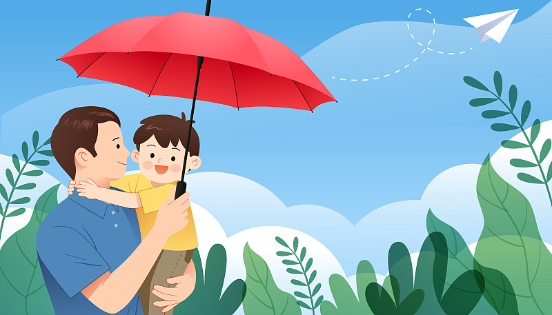 一个父亲为手上抱着的孩子打伞图片素材