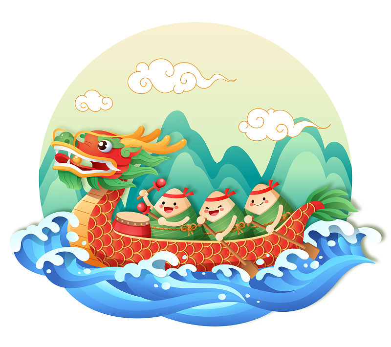 端午节粽子在水上划龙舟图片素材