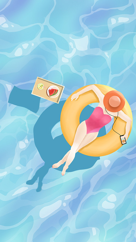 夏天泳衣少女坐在泳池的救生圈上图片下载