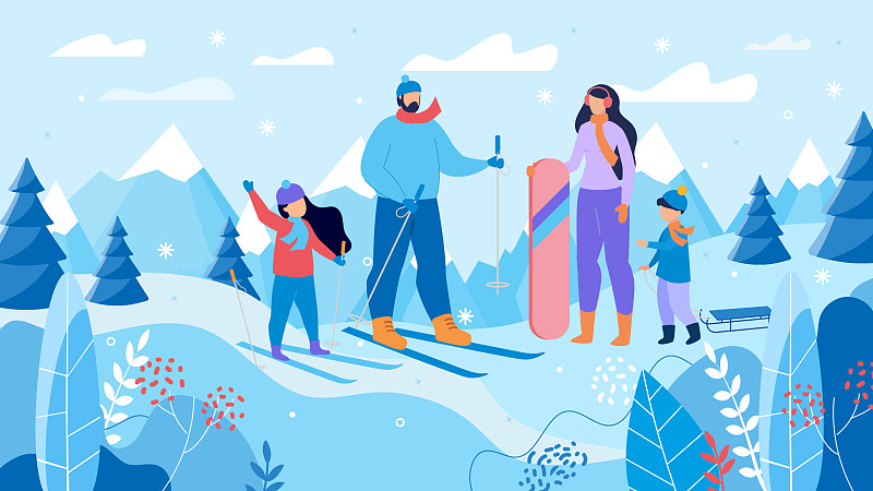 家庭滑雪滑雪板在山区度假胜地图片下载
