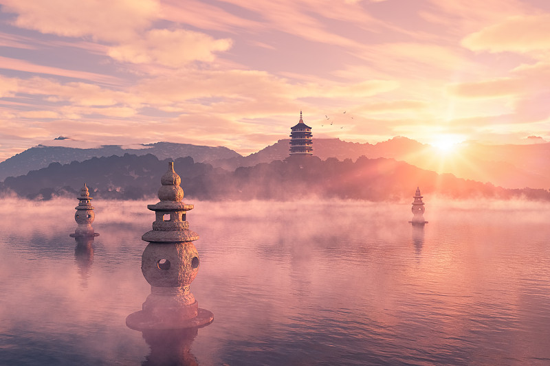 日落时分的杭州西湖三潭印月景点图片下载