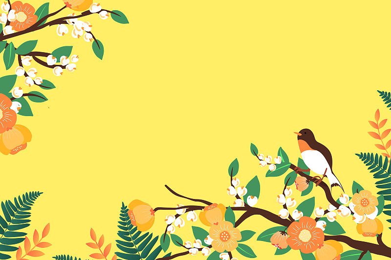 卡通秋季秋景户外公园日出小鸟果园家园树枝叶子自然风景矢量插画下载