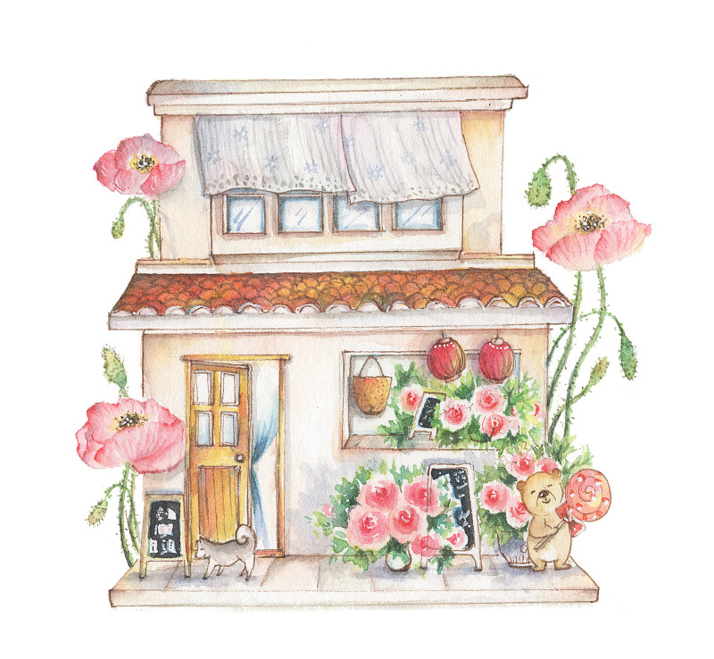 清新水彩手绘卡通童趣的建筑房屋系列可爱的梦幻两层楼小花房洋房图片下载