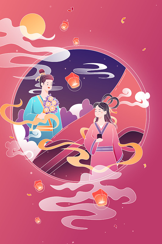 卡通七夕情人节牛郎织女约会电商促销中国风传统节日习俗矢量插画图片