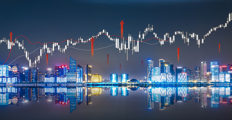 夜景杭州钱塘新城都市风光城市天际线全球商务经济金融股市上涨图片素材