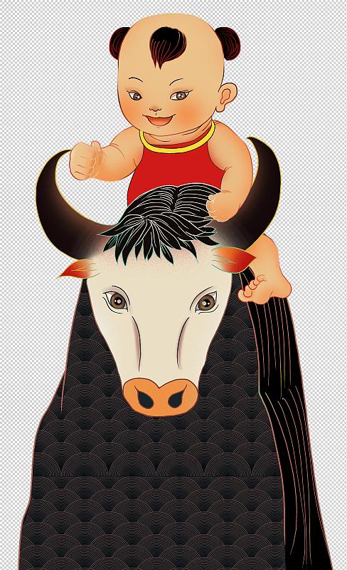 2021牛年大吉骑在牛背上的小孩图片素材
