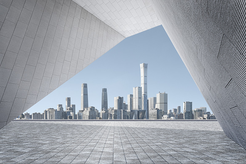 北京商务区和现代空旷地砖地面的平视背景图图片下载