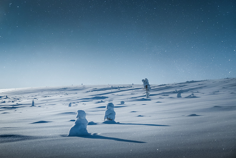 白雪覆盖的土地对天空在晚上的风景，伊瓦洛，芬兰图片素材