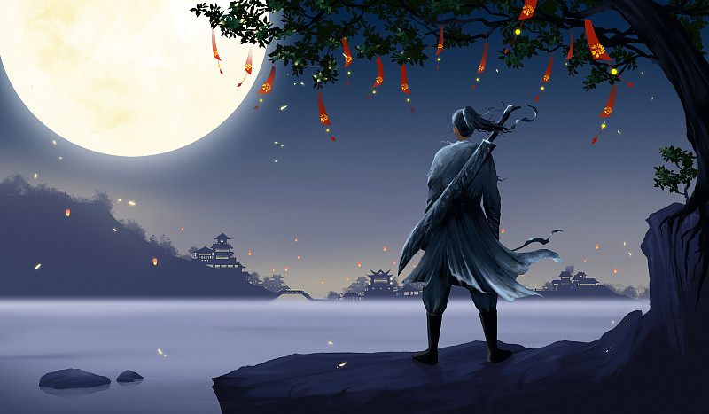 许愿树下站着背剑的少年 武侠概念插画下载