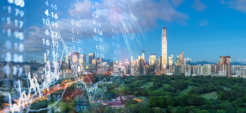 深圳福田CBD城市风光和股票金融交易概念图片下载