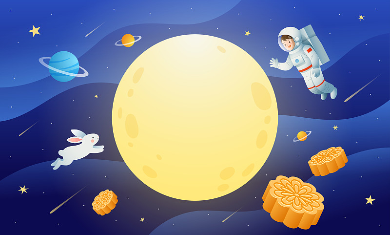 宇航员和月球兔子月饼等横版图片下载