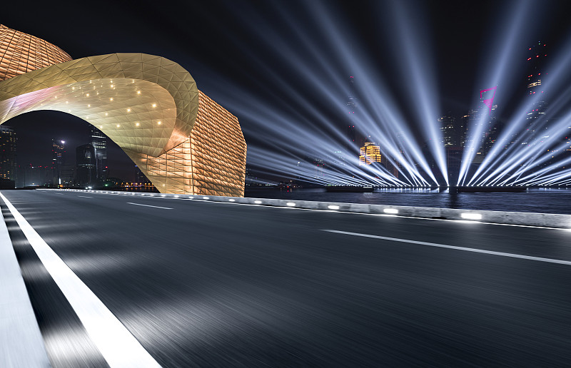 上海陆家嘴浦东天际线科幻时尚未来城市天际线运动模糊的公路夜景图片素材