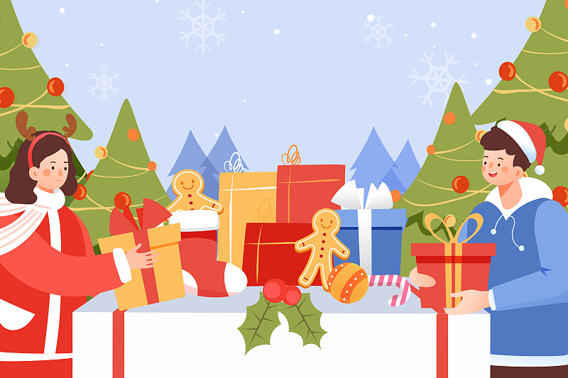 卡通冬季圣诞节礼物平安夜电商网购双十一购物促销送礼矢量插画下载