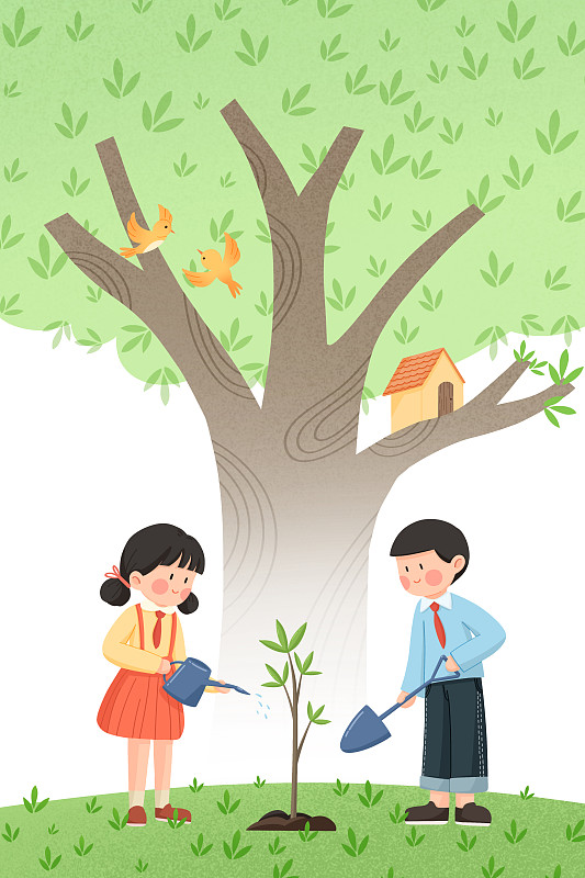 儿童植树插画图片