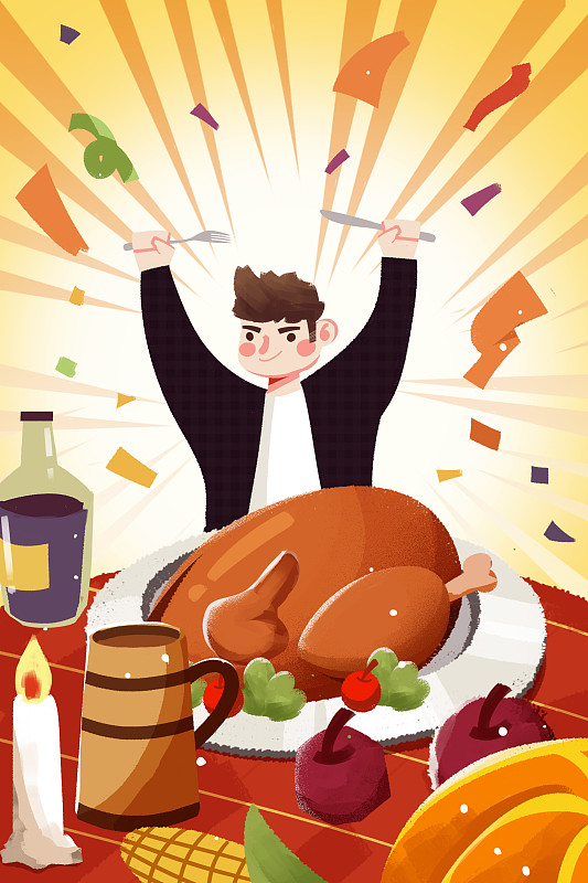 卡通手绘感恩节男人吃火鸡烛光晚餐创意卡通插画下载