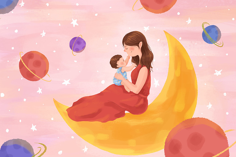 月亮上的母子温馨母婴亲子母亲节插画下载