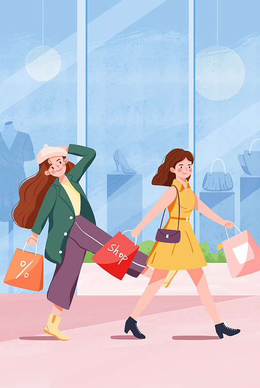电商节两个女孩一起在商场拿着购物袋shopping图片下载