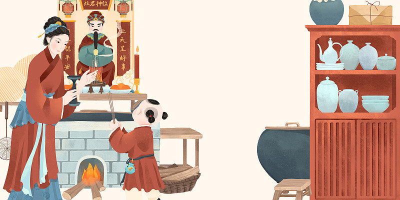 中国古代传统年俗腊月二十三祭灶神插画图片
