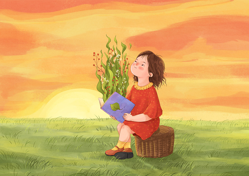 春天草地上读书的女孩插画下载