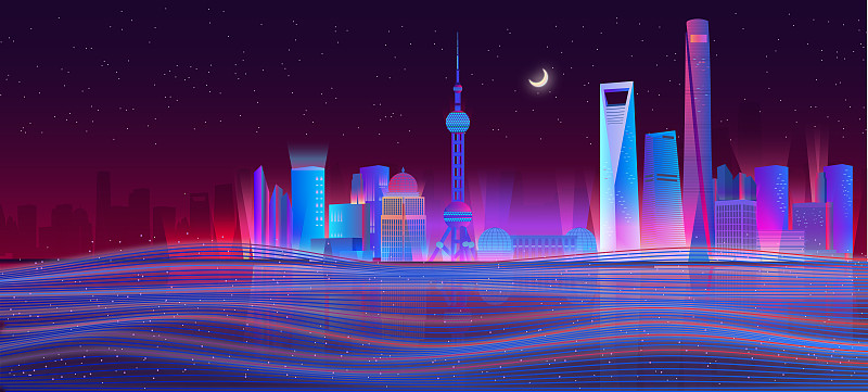 夜晚的上海城市天际线建筑群插画下载