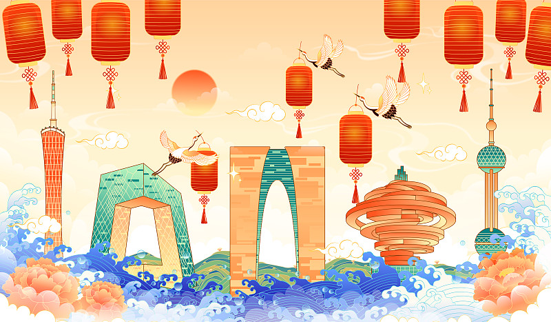 新年中国各地城市地标建筑矢量插画图片