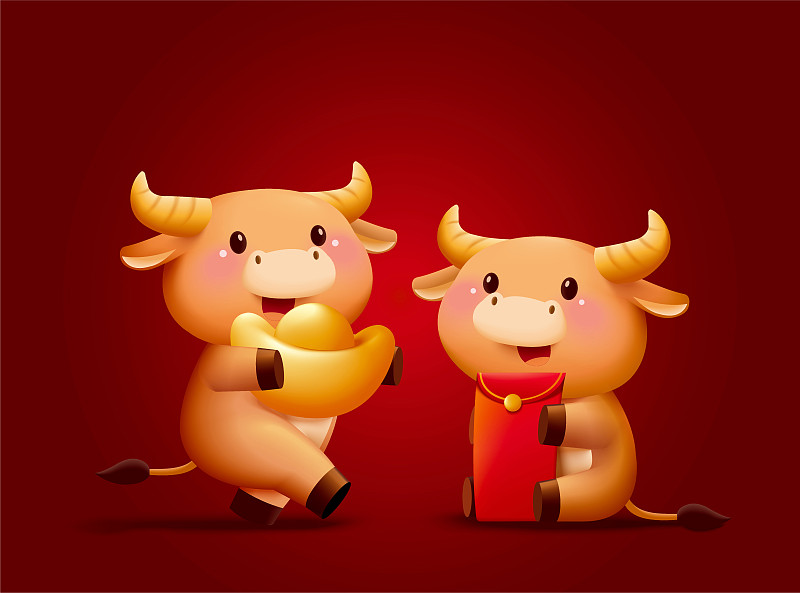 中国牛年手抱金元宝与红包插图图片素材