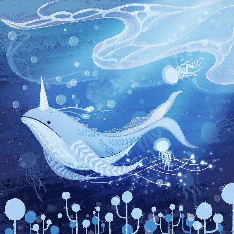 平涂海洋奇幻生物鲸鱼鲸灵水母素材元素插画下载