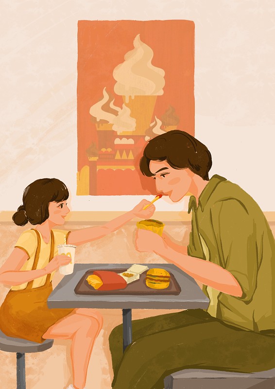 插画父亲女儿温馨父亲节吃饭图片