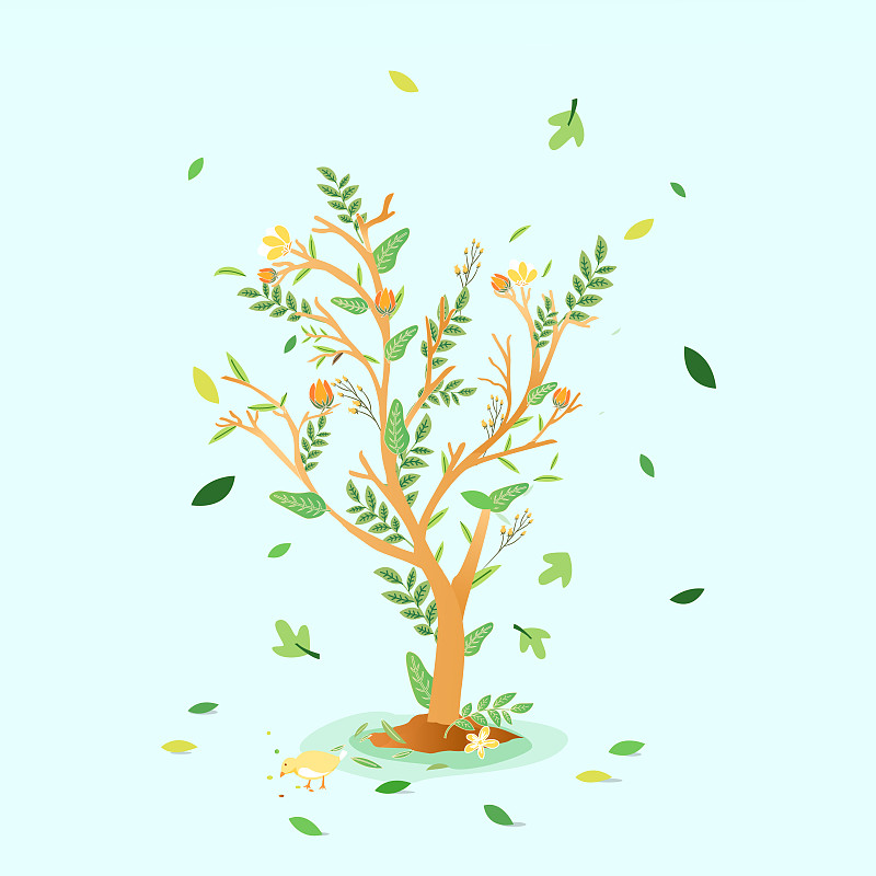 卡通春季春天植树节树林万物生长植物花卉叶子生活方式矢量插画下载