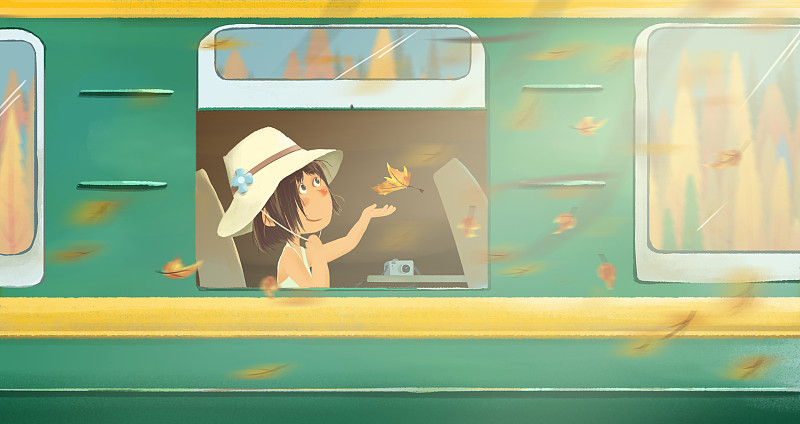 乘坐绿皮火车出游的女孩图片素材