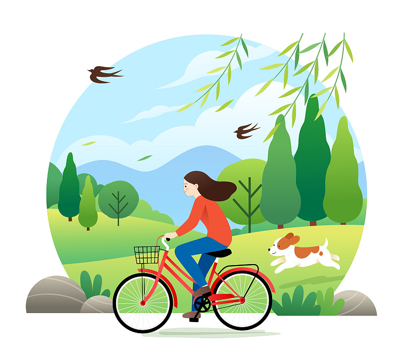 春天一个女孩在户外骑自行车插画图片