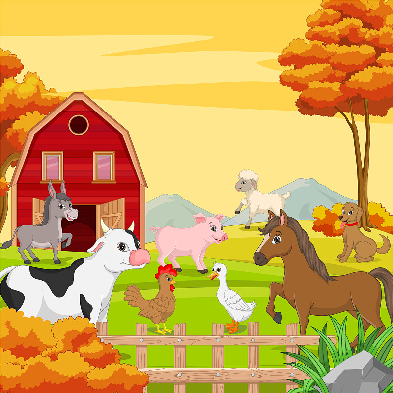 卡通农场动物与自然背景