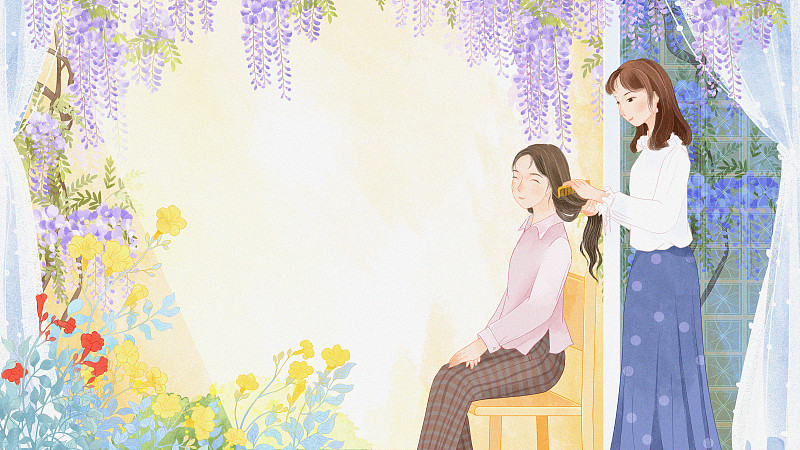 紫藤花窗前给母亲梳头的女儿温馨插画图片