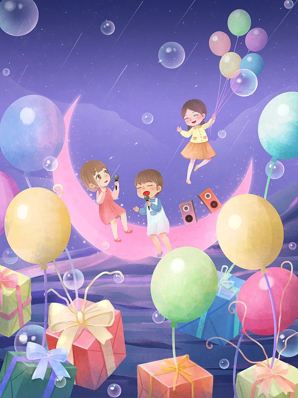 夜色月亮儿童唱歌欢乐海洋气球礼物节日插画下载