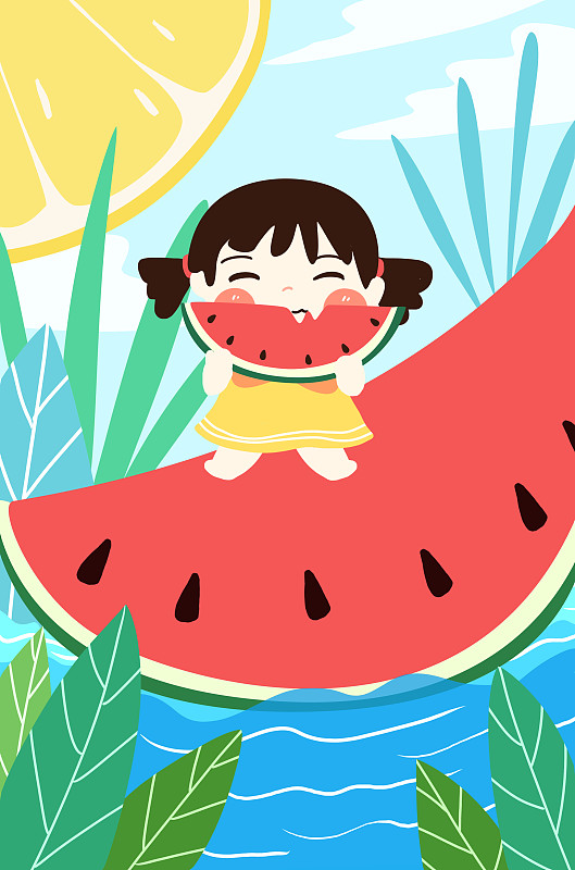 夏天吃西瓜插画图片