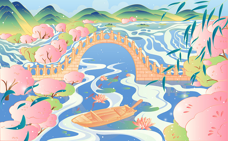 杭州西湖十景场景苏堤春晓拱桥矢量插画图片