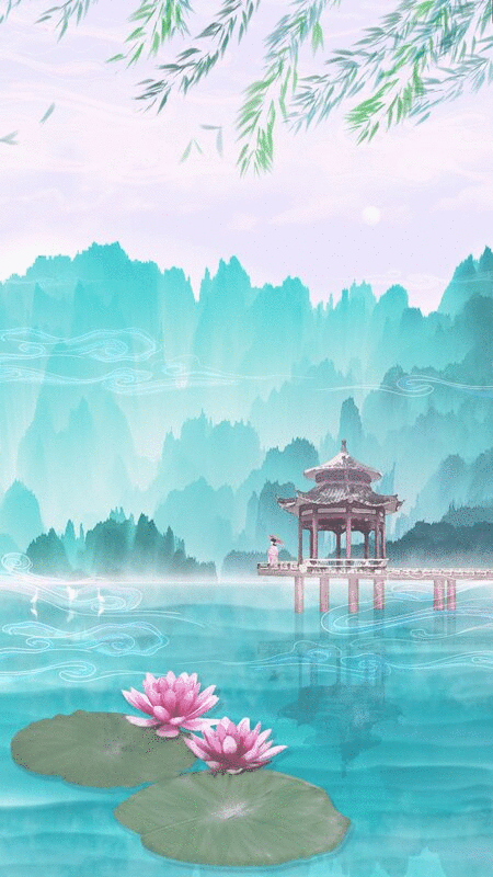 夏天荷花在池塘盛开，少女撑伞旅游中国风水墨插画图片下载