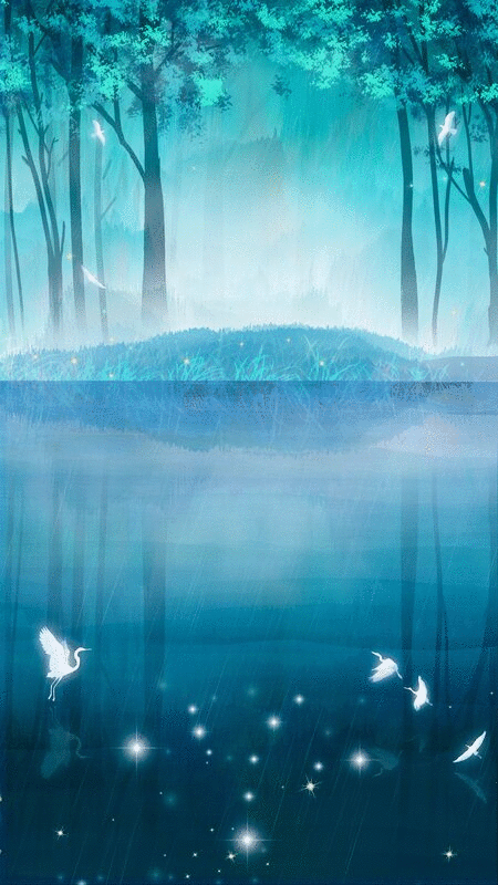 夏天小森林里湖泊中，白鹤在嬉戏飞翔插画背景海报图片下载