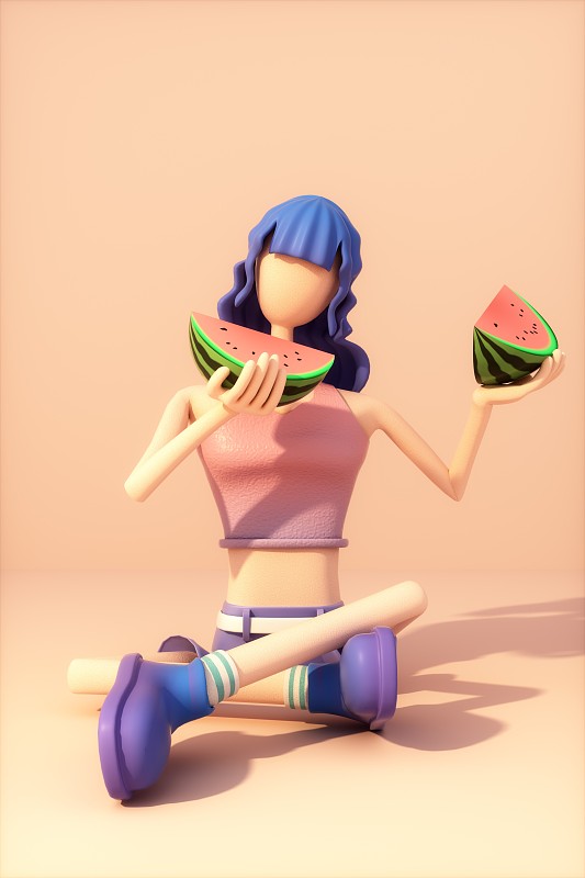 3D渲染的吃着西瓜的卡通女孩图片素材