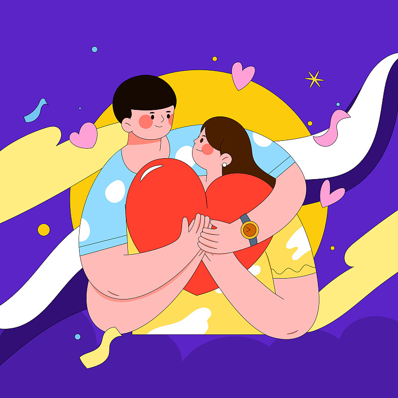 情侣相互拥抱情人节七夕节矢量插画海报方图下载