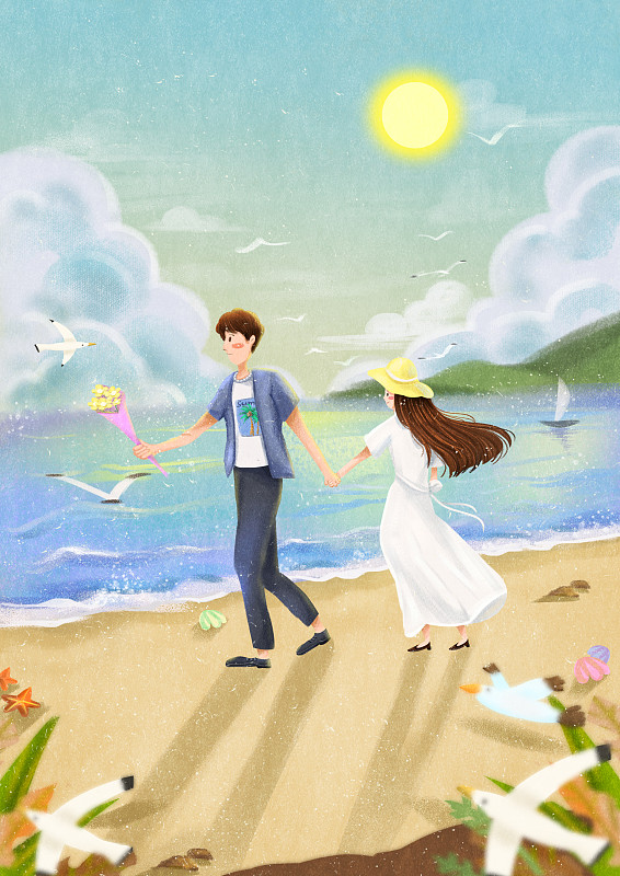 夏日情侣七夕海边海鸥阳光沙滩场景插画图片