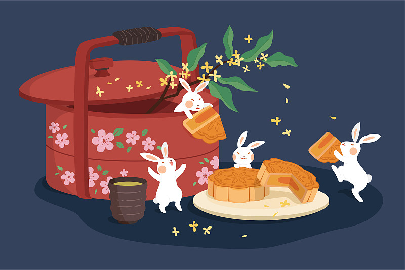 中秋玉兔搬运点心盒与月饼逗趣扁平插图图片下载