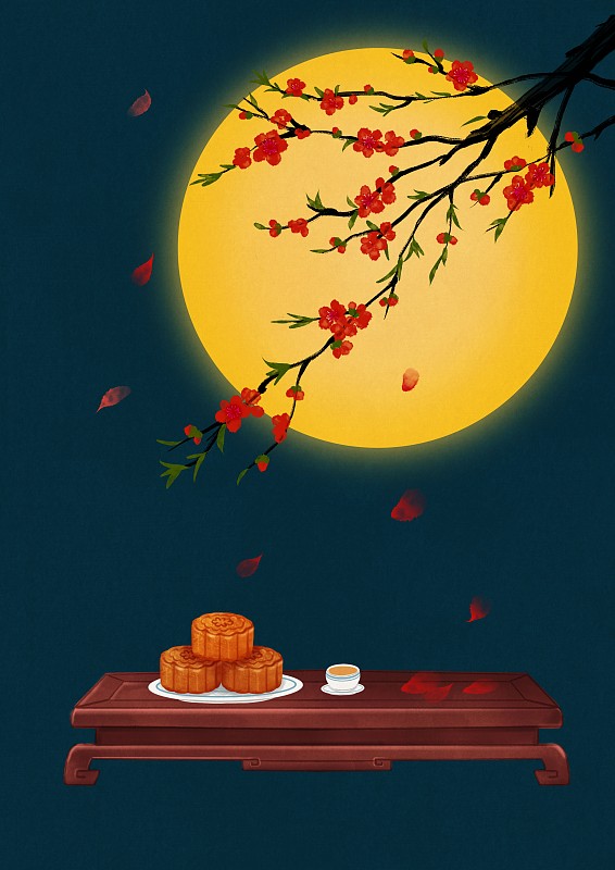 插画，中秋节，八月十五，梅花，月饼，案几，节日，桌子，花朵，图片