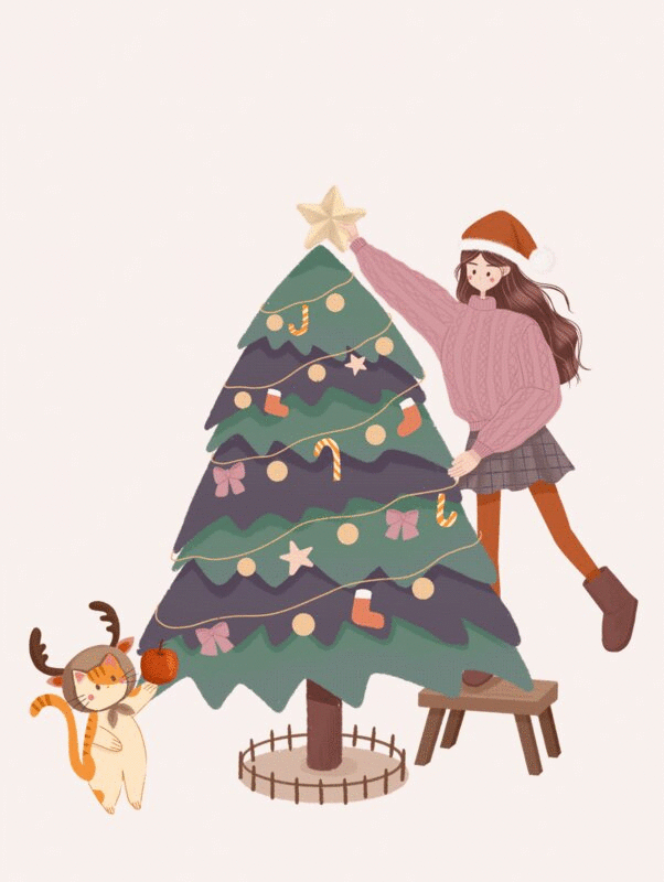 女孩和猫猫点亮圣诞树无字版插画下载