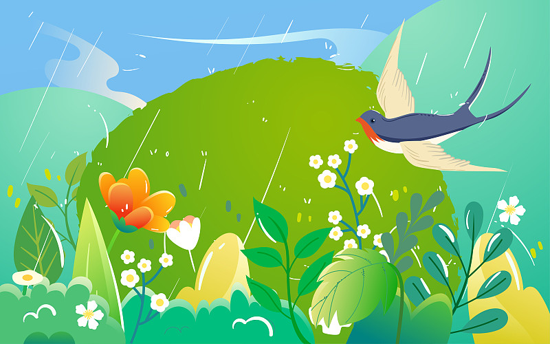 雨水节气插画春天下雨燕子飞翔植物生长海报下载