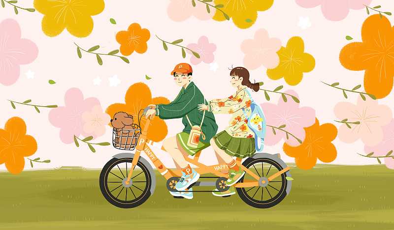 治愈系扁平插画骑着双人自行车的情侣下载