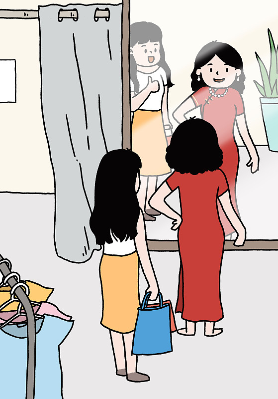 插画：女儿和妈妈一起去逛街购物图片