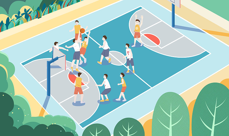 当代年轻人户外锻炼健身篮球场打篮球青年运动比赛竞赛体育插画图片